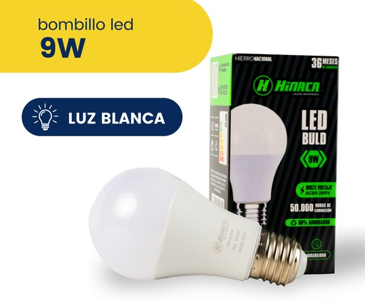 BOMBILLO LED LUZ BLANCA 9W MARCA HINACA