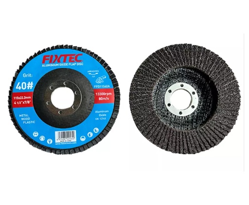 DISCO FLAP, LIJA DE ÓXIDO DE ALUMINIO  GRANO N° 40  115MM X 22.23MM MARCA FIXTEC
