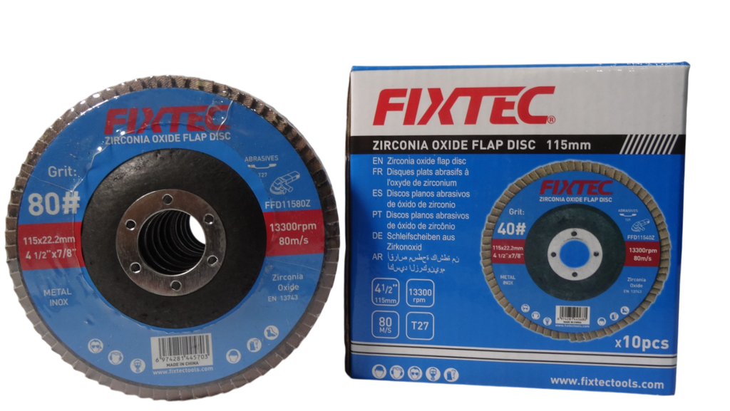 DISCO FLAP, LIJA DE ÓXIDO DE ZIRCONIA GRANO N° 80  115MM x 22.23MM MARCA FIXTEC