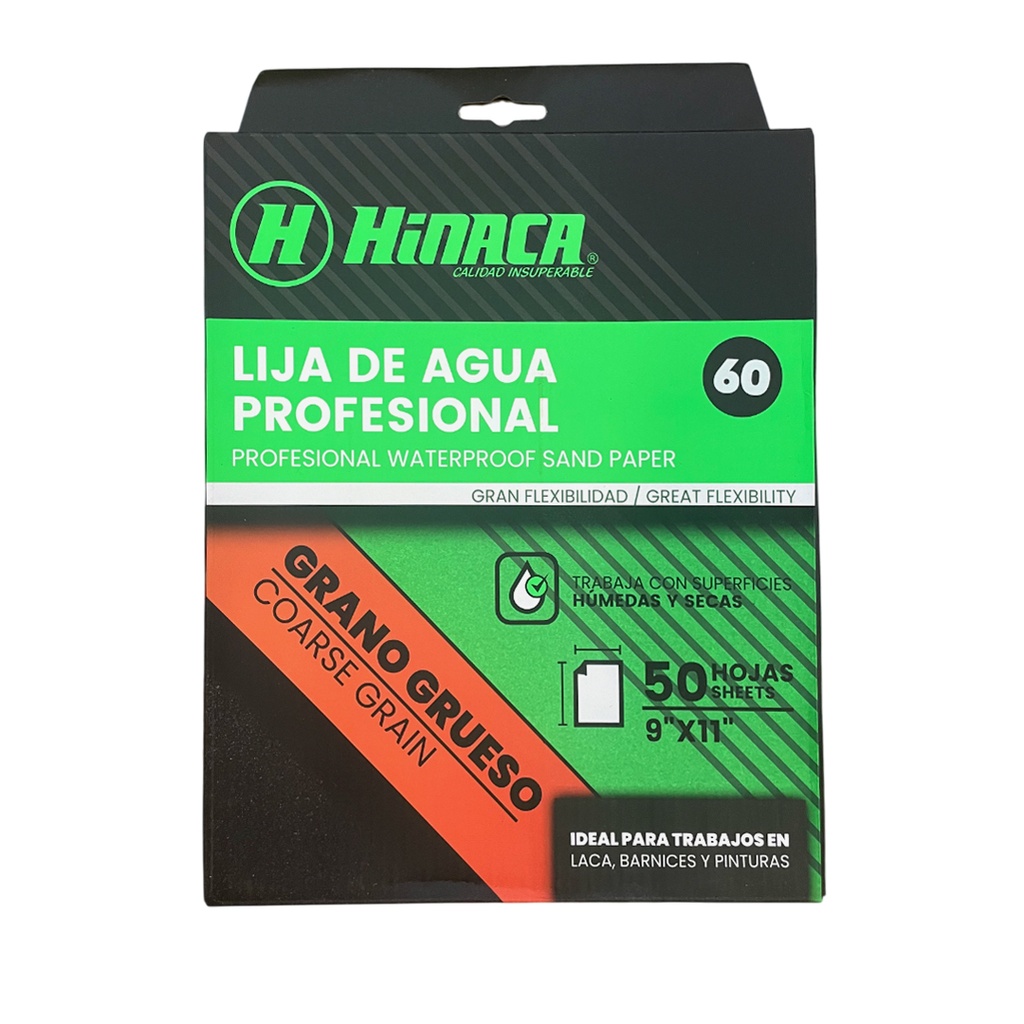 LIJA DE AGUA PROFESIONAL GRANO N°60 (9"x11") MARCA HINACA