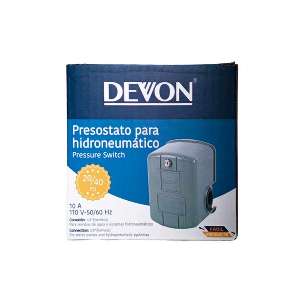 PRESOSTATO PARA HIDRONEUMÁTICO 20/40PSI 10A 110V MARCA DEVON
