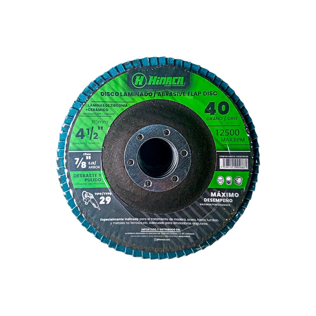 DISCO FLAP, LIJA DE ÓXIDO DE ZIRCONIA (TIPO 29) GRANO N°40 115mm x 22.2mm (4-1/2' x 7/8') 12.500 RPM/Máx MARCA HINACA