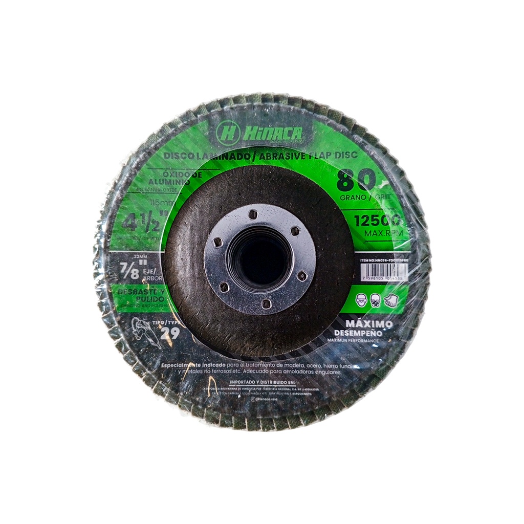 DISCO FLAP, LIJA DE ÓXIDO DE ALUMINIO (TIPO 29) GRANO N°80 115mm x 22.2mm (4-1/2' x 7/8') 12.500 RPM/Máx MARCA HINACA