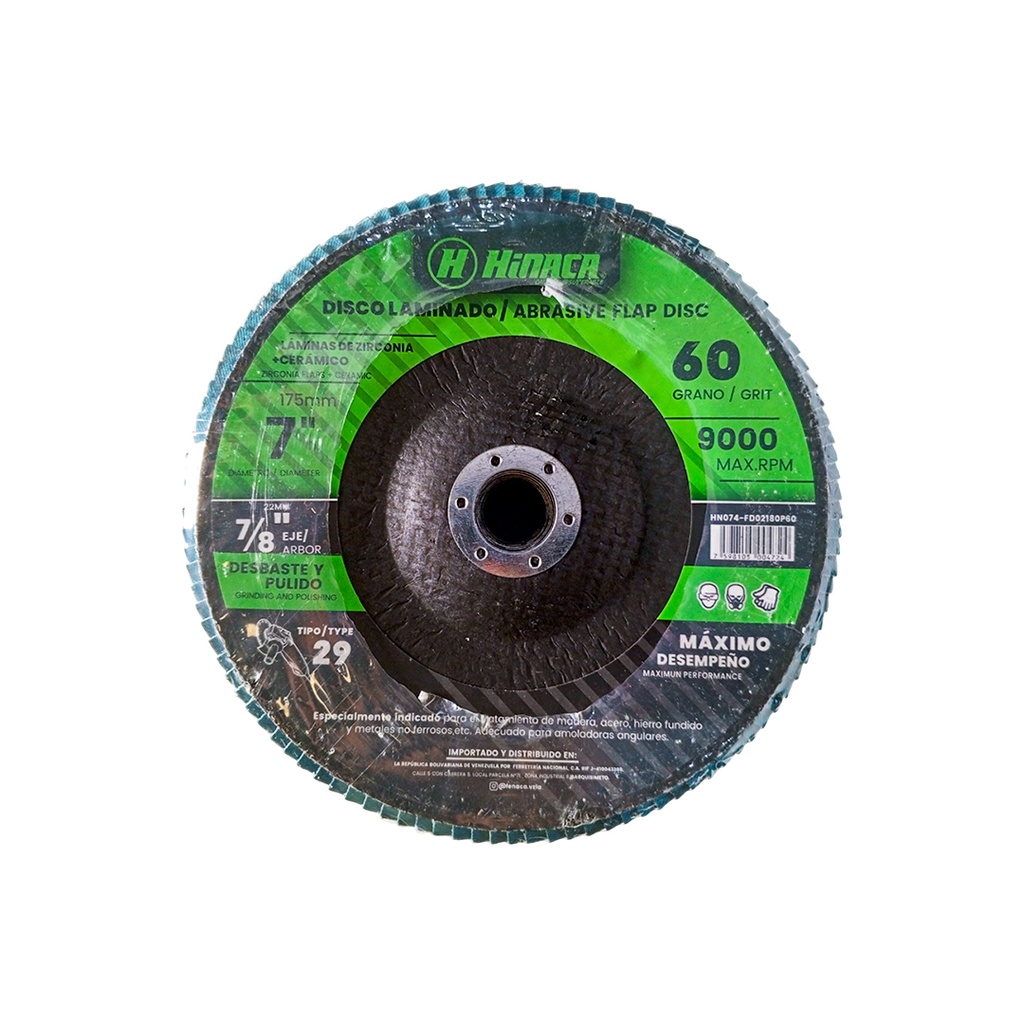 DISCO FLAP, LIJA DE ÓXIDO DE ZIRCONIA (TIPO 29) GRANO N°60 175mm x 22mm(7” x 7/8') 9.000 RPM/Máx MARCA HINACA