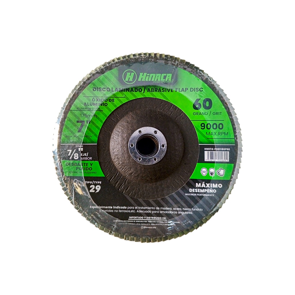 DISCO FLAP, LIJA DE ÓXIDO DE ALUMINIO (TIPO 29) GRANO N°60 175mm x 22mm(7” x 7/8') 9.000 RPM/Máx MARCA HINACA