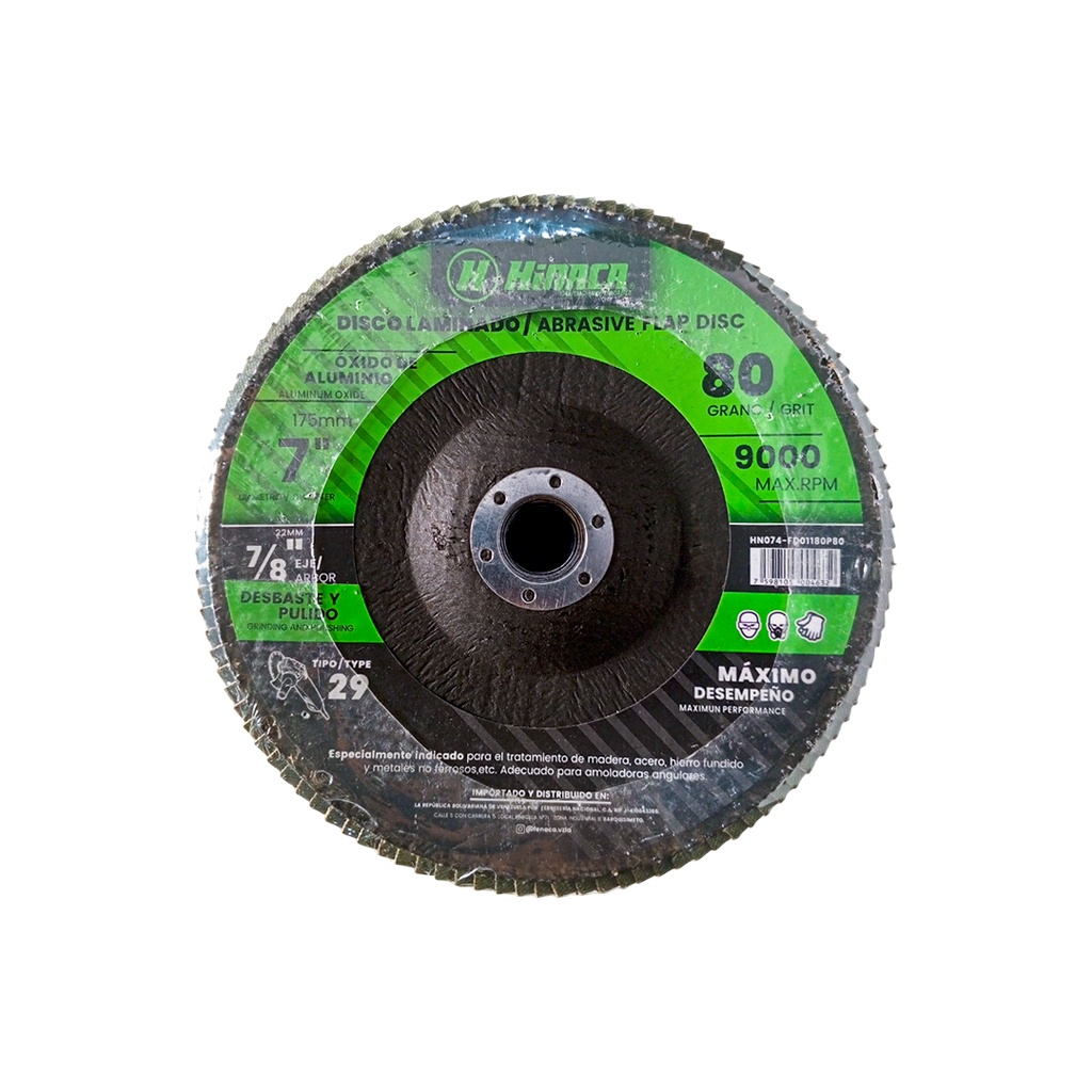 DISCO FLAP, LIJA DE ÓXIDO DE ALUMINIO (TIPO 29) GRANO N°80 175mm x 22mm(7” x 7/8') 9.000 RPM/Máx MARCA HINACA