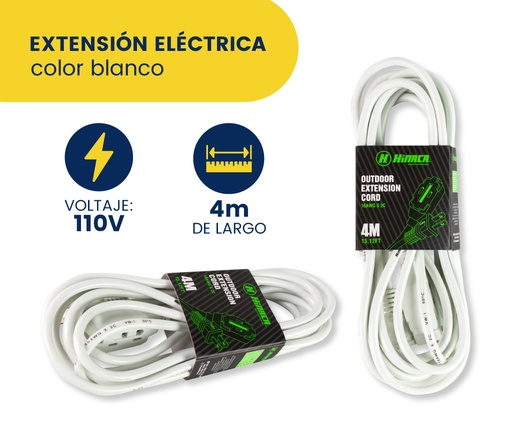 [HN013-4W] EXTENSIÓN  ELÉCTRICA BLANCA  DE 4 MTS    CON VOLTAJE DE 110V  MARCA HINACA