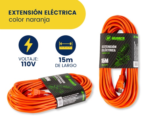 [HN013-15O] EXTENSIÓN  ELÉCTRICA NARANJA DE 15 MTS   CON VOLTAJE DE 110V MARCA HINACA