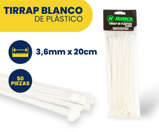 [HN004-05W] TIRRAP DE PLÁSTICO BLANCO 3.6MM X 20CM  (PAQ 50 PZAS) MARCA HINACA