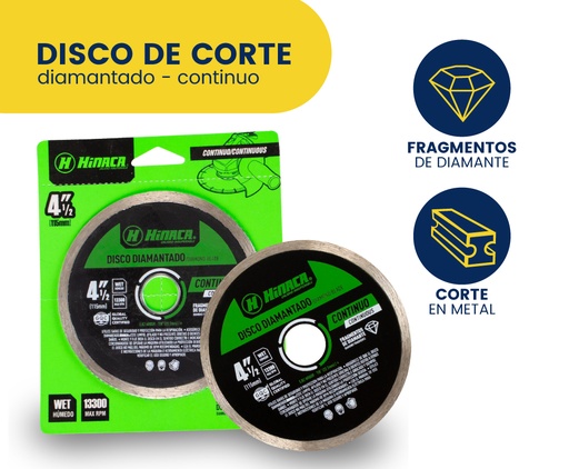 [HN003-115C] DISCO DE CORTE  DIAMANTADO CONTINUO 4-1/2' (115MX1X22,2MM) MARCA HINACA