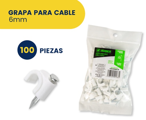 [HN005-6W] GRAPA PARA CABLE 6MM (100PZAS) BLANCAS MARCA HINACA