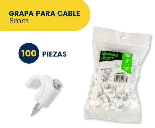 [HN005-7W] GRAPA PARA CABLE 8MM (100PZAS) BLANCAS MARCA HINACA