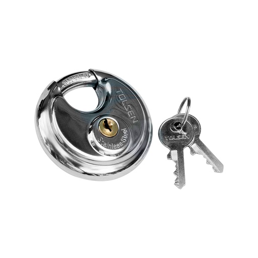 [HN-55175] CANDADO DE DISCO CILÍNDRICO DE LATÓN CON ARMADURA DE ACERO INOXIDABLE DE 70 MM CON 2 LLAVES MARCA TOLSEN