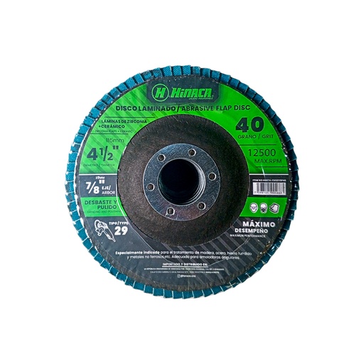[HN074-FD02115P40] DISCO FLAP, LIJA DE ÓXIDO DE ZIRCONIA (TIPO 29) GRANO N°40 115mm x 22.2mm (4-1/2' x 7/8') 12.500 RPM/Máx MARCA HINACA