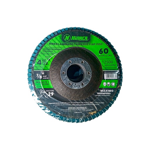 [HN074-FD02115P60] DISCO FLAP, LIJA DE ÓXIDO DE ZIRCONIA (TIPO 29) GRANO N°60 115mm x 22.2mm (4-1/2' x 7/8') 12.500 RPM/Máx MARCA HINACA