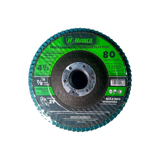 [HN074-FD02115P80] DISCO FLAP, LIJA DE ÓXIDO DE ZIRCONIA (TIPO 29) GRANO N°80 115mm x 22.2mm (4-1/2' x 7/8') 12.500 RPM/Máx MARCA HINACA