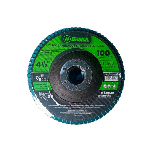 [HN074-FD02115P100] DISCO FLAP, LIJA DE ÓXIDO DE ZIRCONIA (TIPO 29) GRANO N°100 115mm x 22.2mm (4-1/2' x 7/8') 12.500 RPM/Máx MARCA HINACA