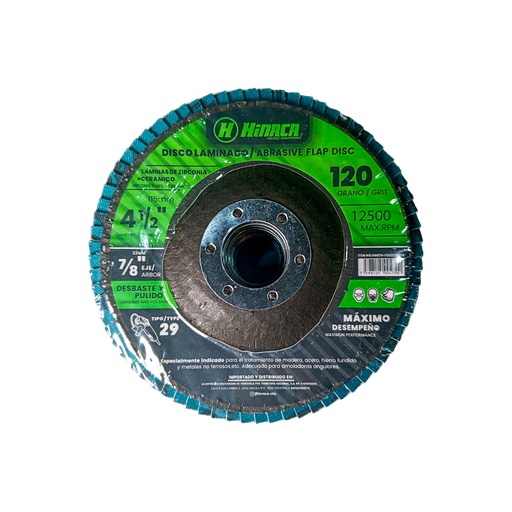 [HN074-FD02115P120] DISCO FLAP, LIJA DE ÓXIDO DE ZIRCONIA (TIPO 29) GRANO N°120 115mm x 22.2mm (4-1/2' x 7/8') 12.500 RPM/Máx MARCA HINACA