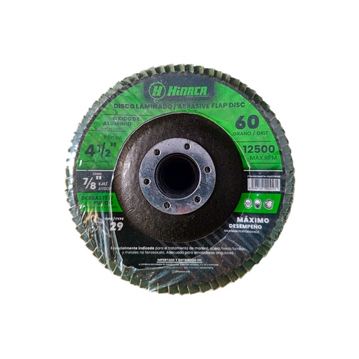 [HN074-FD01115P60] DISCO FLAP, LIJA DE ÓXIDO DE ALUMINIO (TIPO 29) GRANO N°60 115mm x 22.2mm (4-1/2' x 7/8') 12.500 RPM/Máx MARCA HINACA
