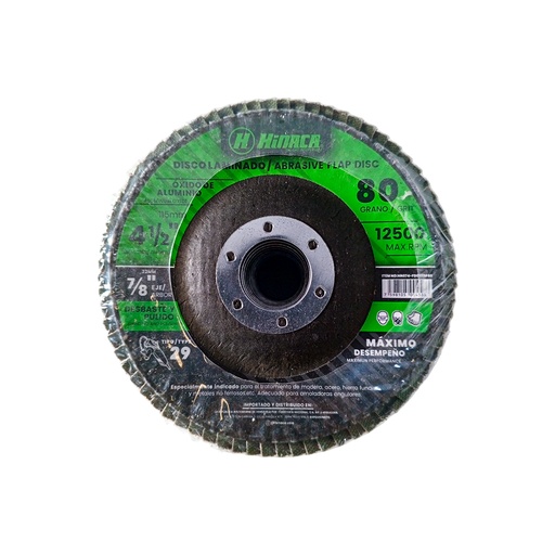 [HN074-FD01115P80] DISCO FLAP, LIJA DE ÓXIDO DE ALUMINIO (TIPO 29) GRANO N°80 115mm x 22.2mm (4-1/2' x 7/8') 12.500 RPM/Máx MARCA HINACA