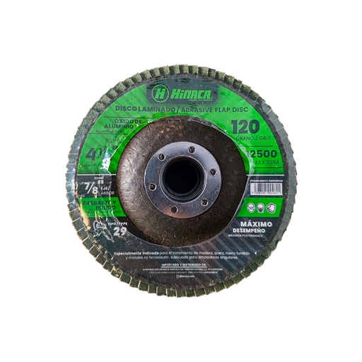 [HN074-FD01115P120] DISCO FLAP, LIJA DE ÓXIDO DE ALUMINIO (TIPO 29) GRANO N°120 115mm x 22.2mm (4-1/2' x 7/8') 12.500 RPM/Máx MARCA HINACA