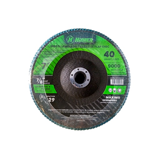 [HN074-FD02180P40] DISCO FLAP, LIJA DE ÓXIDO DE ZIRCONIA (TIPO 29) GRANO N°40 175mm x 22mm(7” x 7/8") 9.000 RPM/Máx MARCA HINACA