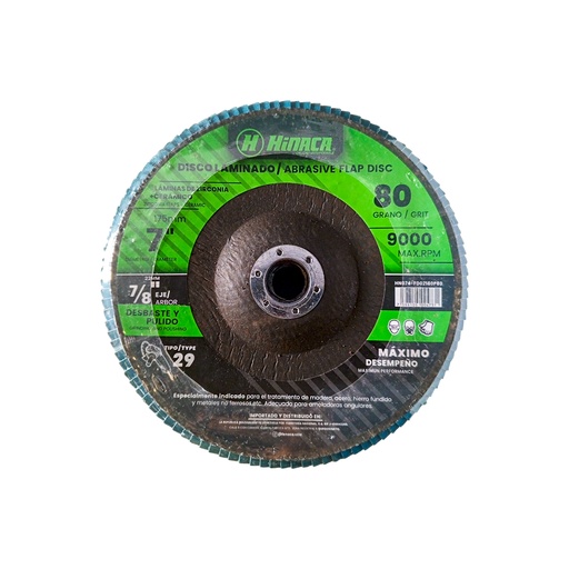 [HN074-FD02180P100] DISCO FLAP, LIJA DE ÓXIDO DE ZIRCONIA (TIPO 29) GRANO N°100 175mm x 22mm(7” x 7/8') 9.000 RPM/Máx MARCA HINACA