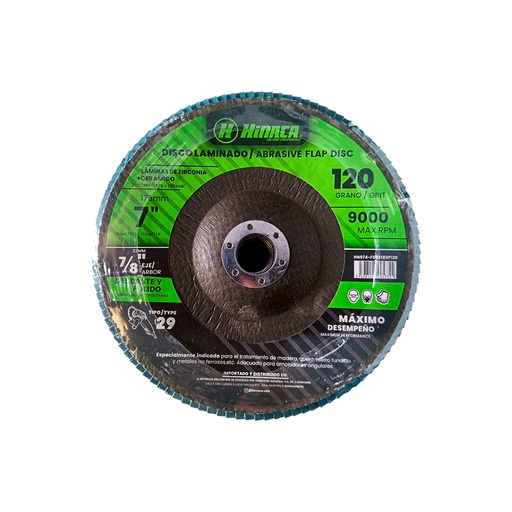 [HN074-FD02180P120] DISCO FLAP, LIJA DE ÓXIDO DE ZIRCONIA (TIPO 29) GRANO N°120 175mm x 22mm(7” x 7/8') 9.000 RPM/Máx MARCA HINACA