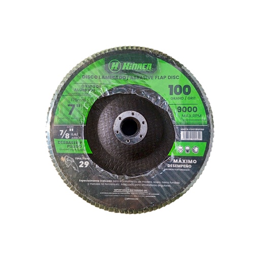 [HN074-FD01180P100] DISCO FLAP, LIJA DE ÓXIDO DE ALUMINIO (TIPO 29) GRANO N°100 175mm x 22mm(7” x 7/8') 9.000 RPM/Máx MARCA HINACA