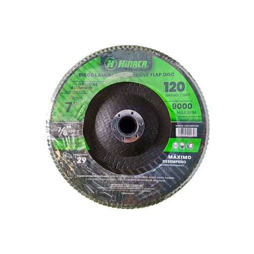 [HN074-FD01180P120] DISCO FLAP, LIJA DE ÓXIDO DE ALUMINIO (TIPO 29) GRANO N°120 175mm x 22mm(7” x 7/8') 9.000 RPM/Máx MARCA HINACA