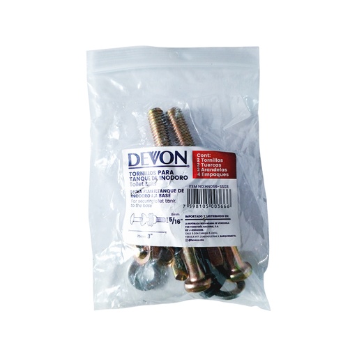 [HN066-SS03] TORNILLOS PARA TANQUE DE INODORO 5/16"(8mm) X 3"(75mm) MARCA DEVON